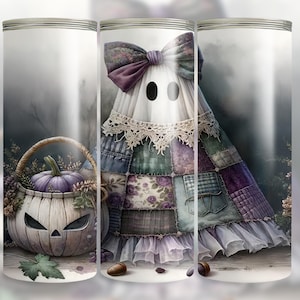 May include: A Halloween-themed tumbler featuring a ghost in a patchwork dress with a large bow. A carved pumpkin basket and purple pumpkin are also depicted. The design includes a misty background and decorative elements.