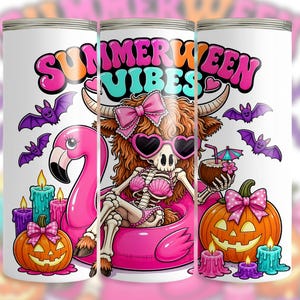 May include: White tumbler with a colorful "Summerween Vibes" design. The design features a skeleton wearing sunglasses and a bikini, sitting on a pink flamingo float. There are bats, candles, and pumpkins.