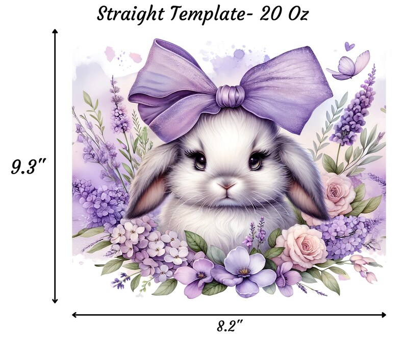 A beautiful 20 oz tumbler wrap featuring an adorable white Easter bunny with big, expressive eyes, wearing a large purple bow. Surrounded by soft pastel florals, lavender, and butterflies in a dreamy watercolor style on a white background