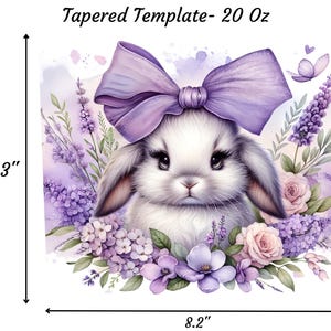 A beautiful 20 oz tumbler wrap featuring an adorable white Easter bunny with big, expressive eyes, wearing a large purple bow. Surrounded by soft pastel florals, lavender, and butterflies in a dreamy watercolor style on a white background