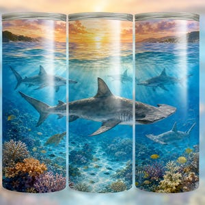 Hammerhead Shark Ocean Sunset, Tumbler Wrap PNG, 20oz Skinny, Seamless Coastal Sea Life Design