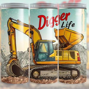 May include: A cylindrical tumbler featuring a yellow excavator on a rocky terrain background. The text Digger Life is printed in red and black script above the construction vehicle. The design includes a clear lid and a smooth, glossy finish.