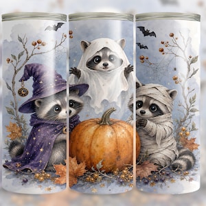 Halloween-Waschbär-Maskenball-Etikette für 20-oz-Skinny-Tumbler, verspielte Hexen-, Geister- und Mumie-Illustration