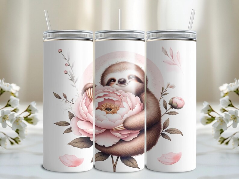 Valentine Sloth Peony Tumbler Wrap: 20 Oz Skinny PNG, Pink Floral Art ...