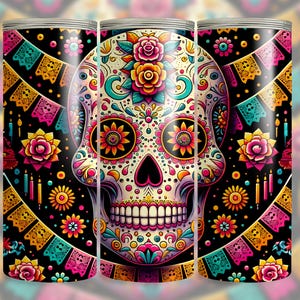 Día de los Muertos Sugar Skull Tumbler Wrap, Floral coloré 20 oz sublimation PNG, Art folklorique mexicain, conception de tête de mort d'Halloween