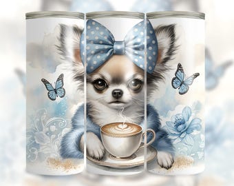 Kubek do kawy Chihuahua z kokardą Coquette Bow: 20 uncji, sublimacja PNG, wzór Latte Dog Art