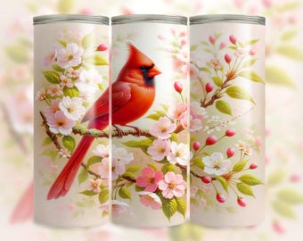 Cardinal Cherry Blossom Tumbler Wrap, 20 oz Skinny PNG, Spring Bird Floral Sublimation Design
