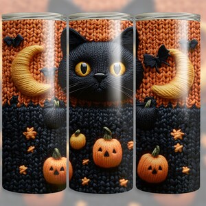 Black Cat Halloween Tumbler Wrap PNG, 20oz Skinny Sublimation, Knit Pumpkin Design