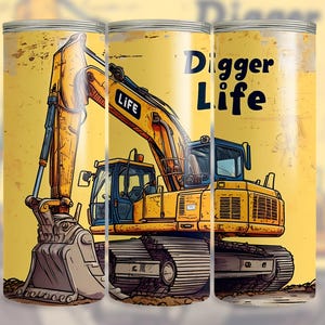 May include: A yellow excavator with a black cab and the word "LIFE" on the side. The excavator is on a yellow background with the text "Digger Life" in black.