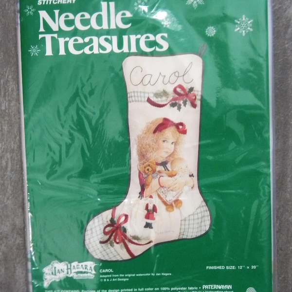 Needle Treasures Christmas Stocking Crewel Kit Victorian Girl with Doll, Bear, Santa, Jan Hagara, Complete, Unopened