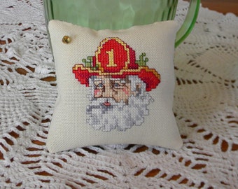 Fireman Santa Christmas Ornament Cross Stitch Pillow Tuck, Mini Pillow, Bowl Filler, Decoration finished/completed