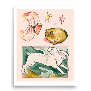Rabbit & Frog Art Print - Dreamy Sketchbook Illustration - Whimsical Home Decor