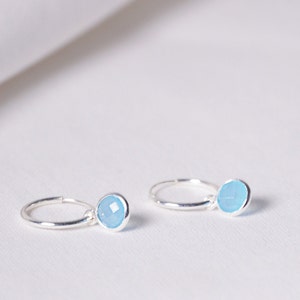 Chalcedony Earrings silver,Huggie Hoop Earrings, Steriling Silver Earring with stone, gift for mom, Birthstone jewelry, Dainty crystal Hoops
