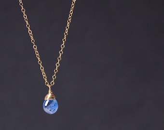 Natural Kyanite Pendant Necklace, Blue kyanite necklace gold filled, Genuine kyanite stone necklace, Long crystal Tear drop necklace gold