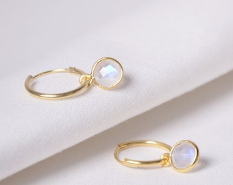 Rainbow Moonstone earrings gold, moonstone earrings dangle, moonstone jewelry, Huggie hoops gold and silver