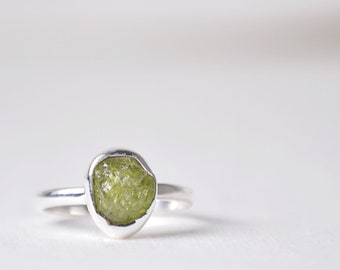 Raw Peridot Ring, Peridot Jewelry, Raw Stone Ring, Silver August Birthstone Ring, Rough Gemstone Ring, Dainty Ring, Green Stone Ring