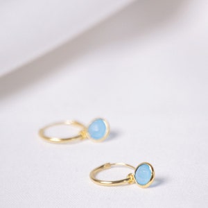 Hoop earrings gold small with stones, Aqua chalcedony earrings gold, Christmas gift for girlfriend