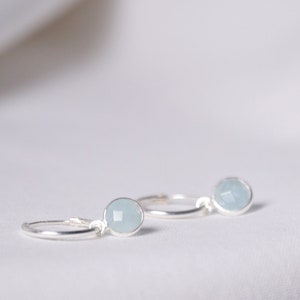 Huggie Hoop Earrings, Aquamarine silver round earrings, cartilage hoop, creolen silber christmas gifts for him