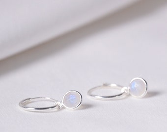 Moonstone hoop earrings silver, moonstone earrings dangle, moonstone jewelry, Boho Birthstone Huggie hoops