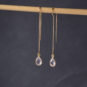 Delicate Rose Quartz dangle earrings,Chain drop earrings,Modern Threader earrings in Silver and Gold,Wife Christmas Gift