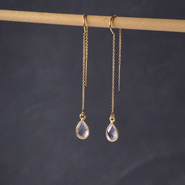 Delicate Rose Quartz dangle earrings,Chain drop earrings,Modern Threader earrings in Silver and Gold,Wife Christmas Gift