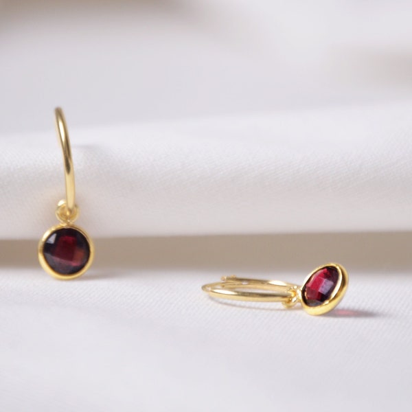 Garnet hoops earrings yellow gold, Red Garnet Huggie Earrings, Gift idea woman  Personalised gift idea