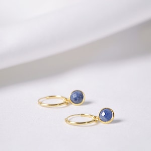 Blue Sapphire hoops earrings gold, September Birthstone earrings dangle, small stone jewelry, Huggie hoops jewels