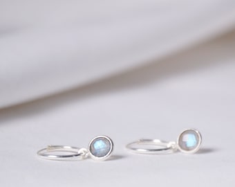 Raw Labradorite Dangle Huggie Hoop Earrings, Large Silver Hoops, Boho Wedding Silver, Small Minimalist Earrings, June Birthstone Earrings