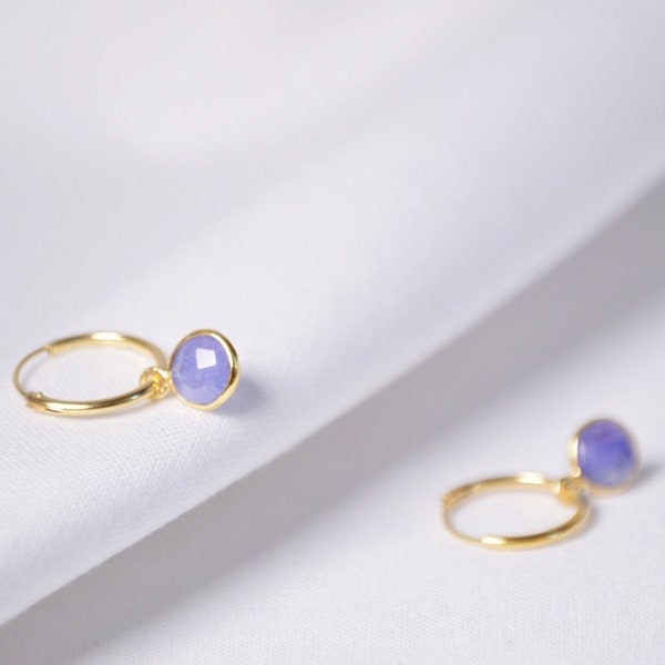 Tanzanite earrings gold, Gemstone earrings, Huggie hoops with natural stone, Boho wedding earrings