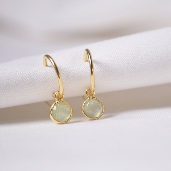 Light green earrings , huggie earrings gold , clip small earrings, natural stone hoop earring, unique Christmas gift,Prehnite Crystal