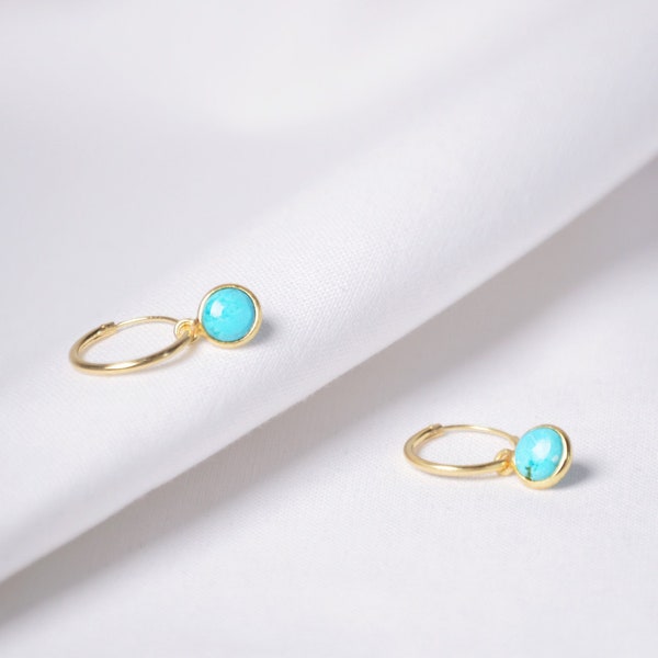 Turquoise Earrings Hoop gold, Gold Ear cuff, Mother in law Christmas gifts, Huggie Hoop, December Birthstone Jewellery