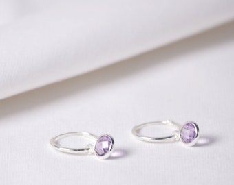 Silver Hoops with stone, Natural Amethyst Dangle Silver Hoops, Birthstone Mothers days gifts, Boho Wedding, Summer Jewelry
