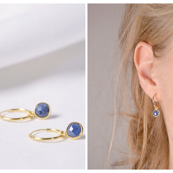 Hoops earrings gold, Blue Sapphire gift For Her