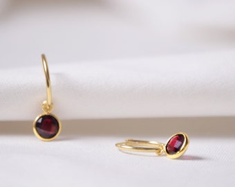 Garnet hoops earrings yellow gold, Red Garnet Huggie Earrings, Gift idea woman  Personalised gift idea