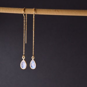 Large moonstone earrings, dangle earrings, Christmas Gift , Modern gold Threader, Personalized gift