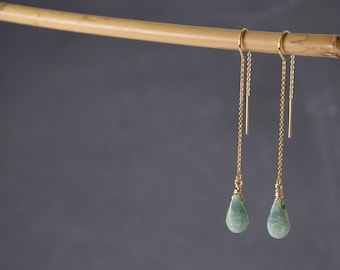 Jade Threader Earrings, Dangle Earrings Gold,Birthstone Jewelry, Mom Gift Jewelry,vBohemian Gold Drop Earrings, Long Gold Chain