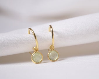 Light green earrings , huggie earrings gold , clip small earrings, natural stone hoop earring, unique Christmas gift, Prehnite Crystal