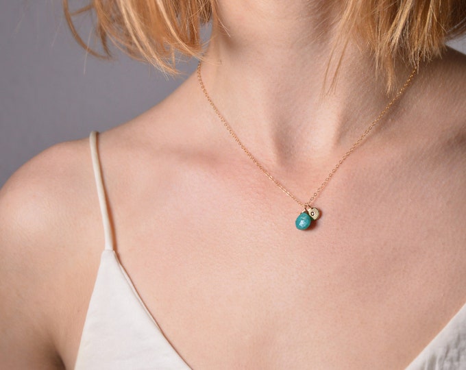 Custom Turquoise Birthstone Pendant, Delicate Initial Gold disc, Engraved Necklace in Gold chain, Minimalist Gift for Woman