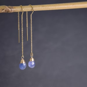 Minimalist Tanzanite Earrings, December Birthstone Gift, Gold Chain Threader Earrings, Simple Everyday Earrings