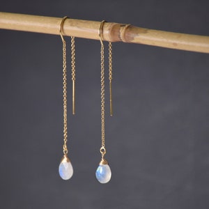 Moonstone Threader Earrings, Bohemian Gold Drop Earrings,Long Gold Chain,Personalized Gift for her,Delicate Crystal Dangle