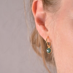 Gold huggie hoop earrings, Emerald Green pendant, Christmas gift mom