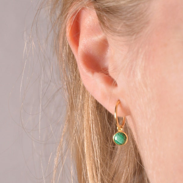 Malachite earrings gold, natural malachite hoops earrings, Personalised Christmas gift for her, Tiny Gemstone Earrings