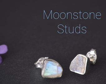 Small Rainbow Moonstone Studs,Gemstone Earrings,Gold Earrings,Moonstone Jewelry,Statement Earrings,June Birthstone Earrings