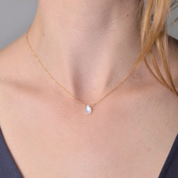 Moonstone Necklace with 14K Gold filled Chain, Small Moonstone Pendant, Filigree necklace, Birth stone necklace