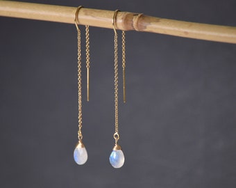 Moonstone Threader Earrings, Bohemian Gold Drop Earrings,Long Gold Chain,Personalized Gift for her,Delicate Crystal Dangle