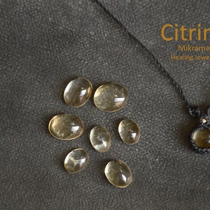 May include: Citrine Healing Jewelry Mikrame necklace with a citrine stone pendant.  The image also shows loose citrine stones.