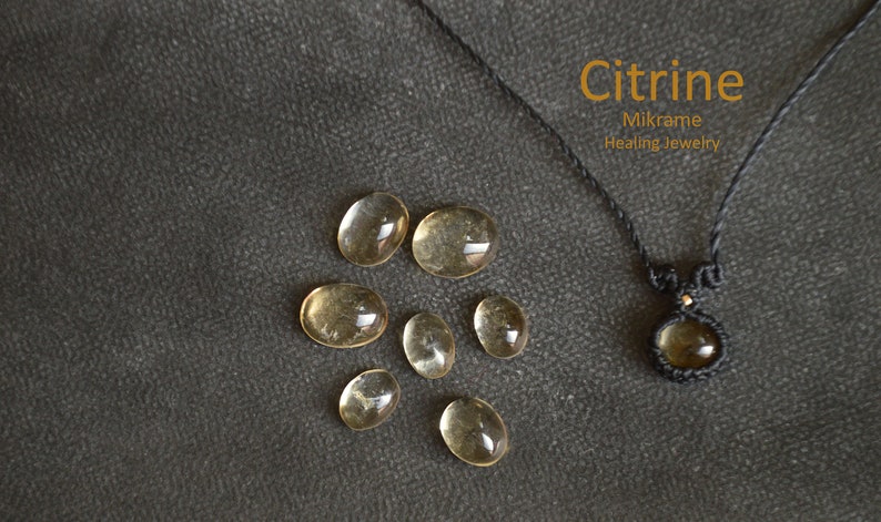 May include: Citrine Healing Jewelry Mikrame necklace with a citrine stone pendant.  The image also shows loose citrine stones.