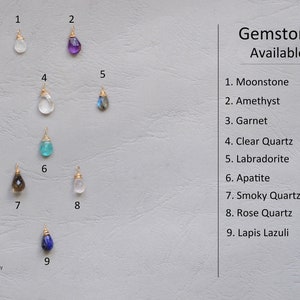 May include: Nine gemstone pendants, each with a different colour and shape, are displayed on a light grey background. The gemstones are labelled with numbers 1 through 9. A list of gemstone names is provided on the right side of the image. The list includes Moonstone, Amethyst, Garnet, Clear Quartz, Labradorite, Apatite, Smoky Quartz, Rose Quartz, and Lapis Lazuli.