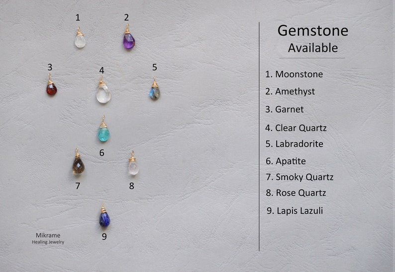 May include: Nine gemstone pendants, each with a different colour and shape, are displayed on a light grey background. The gemstones are labelled with numbers 1 through 9. A list of gemstone names is provided on the right side of the image. The list includes Moonstone, Amethyst, Garnet, Clear Quartz, Labradorite, Apatite, Smoky Quartz, Rose Quartz, and Lapis Lazuli.