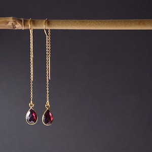 Tiny Garnet earrings, Minimalist Earrings with Gold Threaders, Drop Dangle Earrings, Christmas gift for mom, Birthstone Jewelry